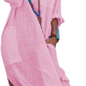 Women's Cotton Linen Long Shirt Dress Casual Summer Party Beach